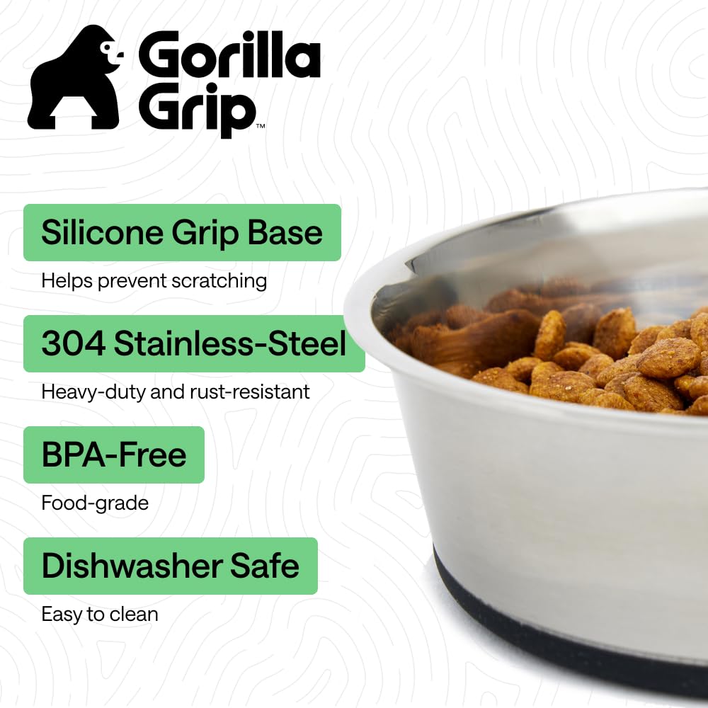 GORILLA GRIP stainless steel dual bowl for food and water, rust-resistant longevity.