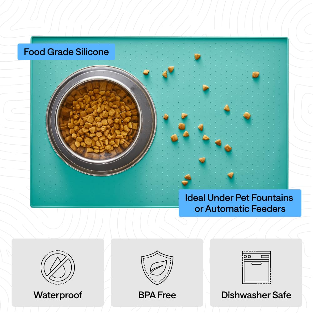 GORILLA GRIP under cat fountains and feeders keeps area tidy in turquoise.