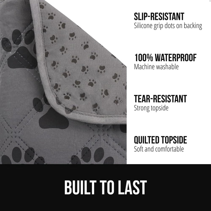 GORILLA GRIP waterproof dog blanket on sofa edge highlights leakproof defense against spills.