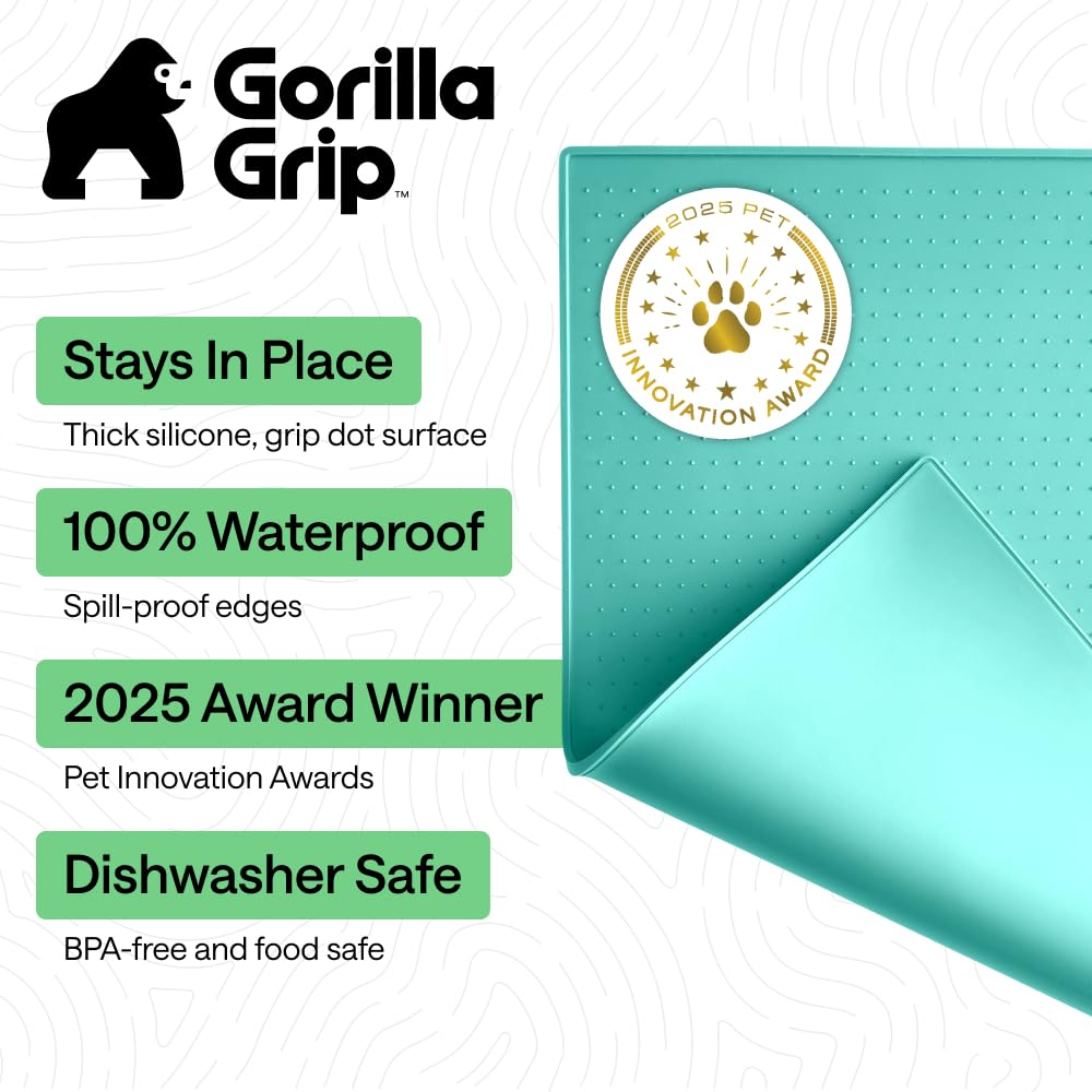 GORILLA GRIP turquoise mat protects floors from spills under dog bowls.
