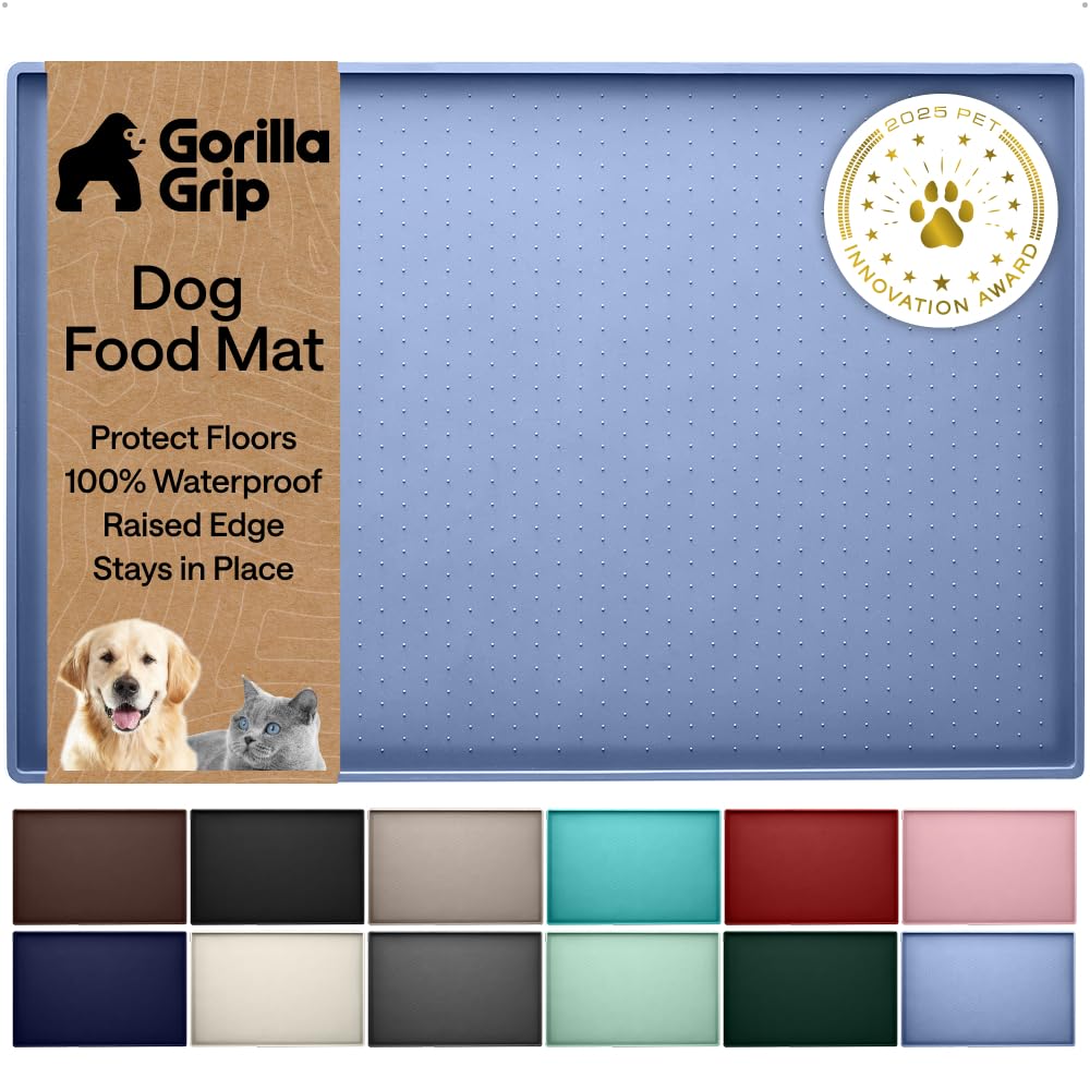 GORILLA GRIP waterproof silicone pet mat with raised edges containing spills during meals.