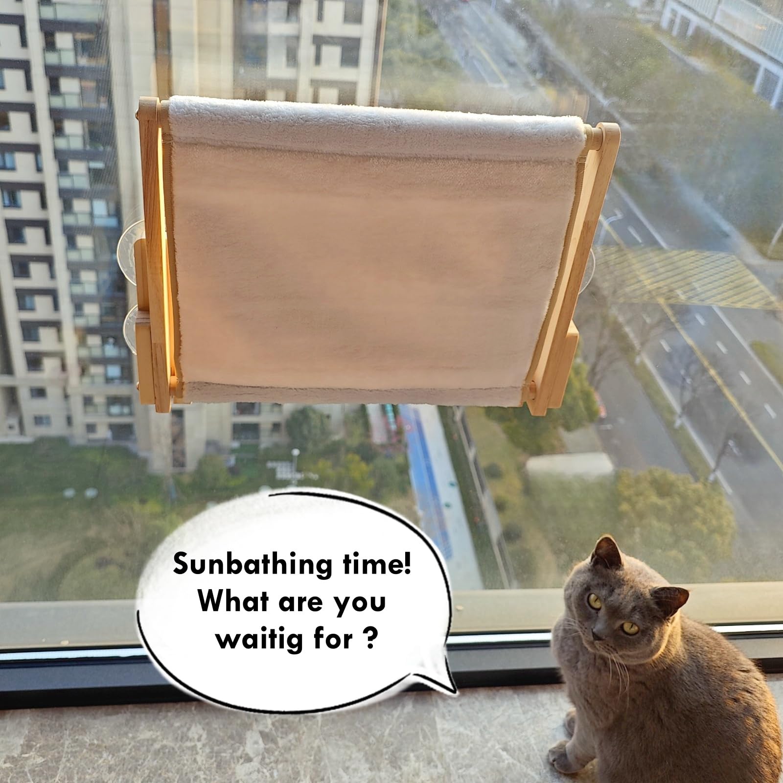 Gesomepurrz natural wood cat window hammock highlights warm finish and cozy sun spots.