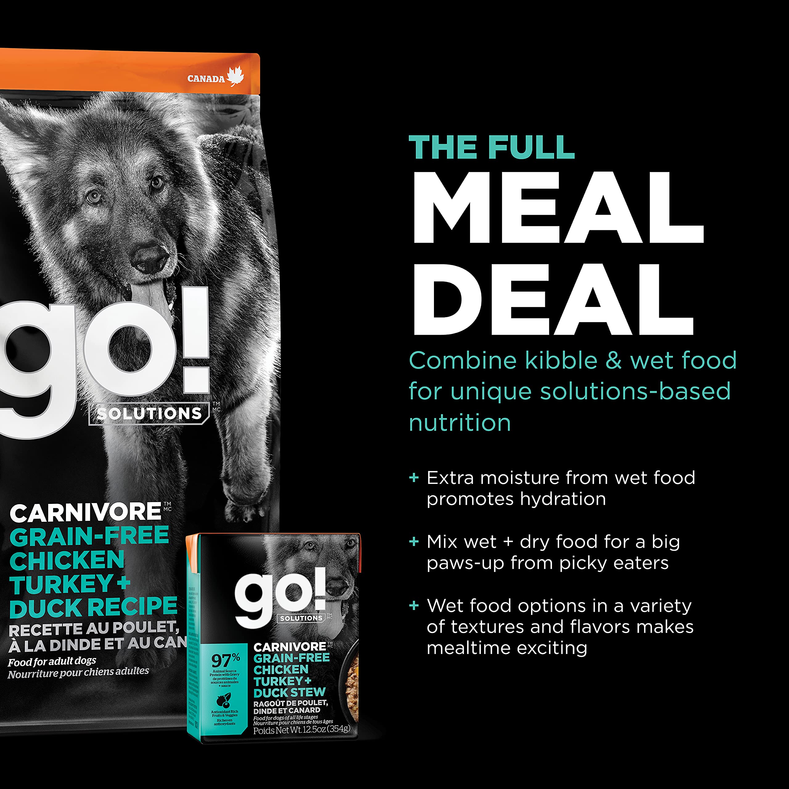 Go! Solutions Canada-made dog food highlighting premium ingredients and safety
