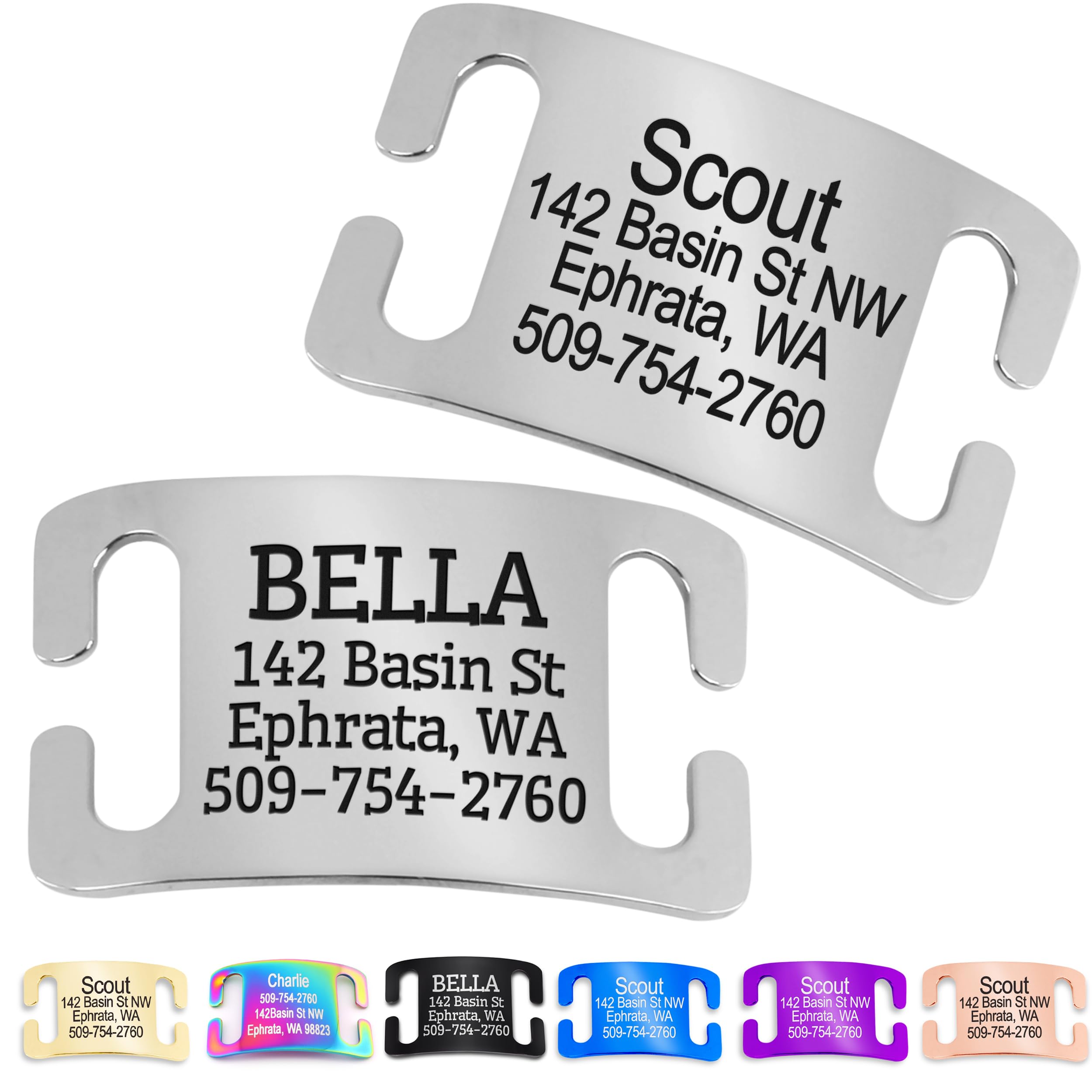 GoTags slide-on ID tag with curved design for comfortable collar fit.