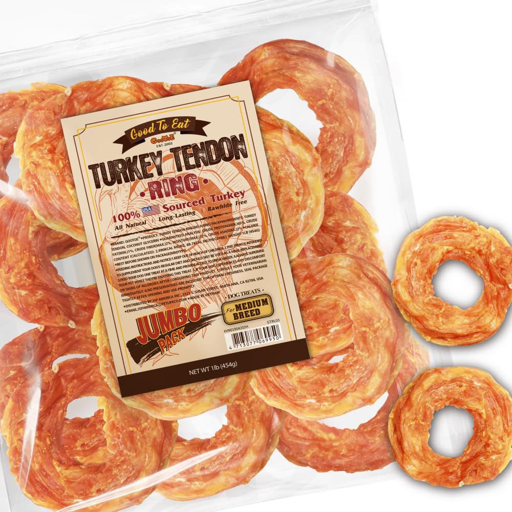 Gootoe Turkey Tendons pack front, a natural hypoallergenic chew for medium dogs.