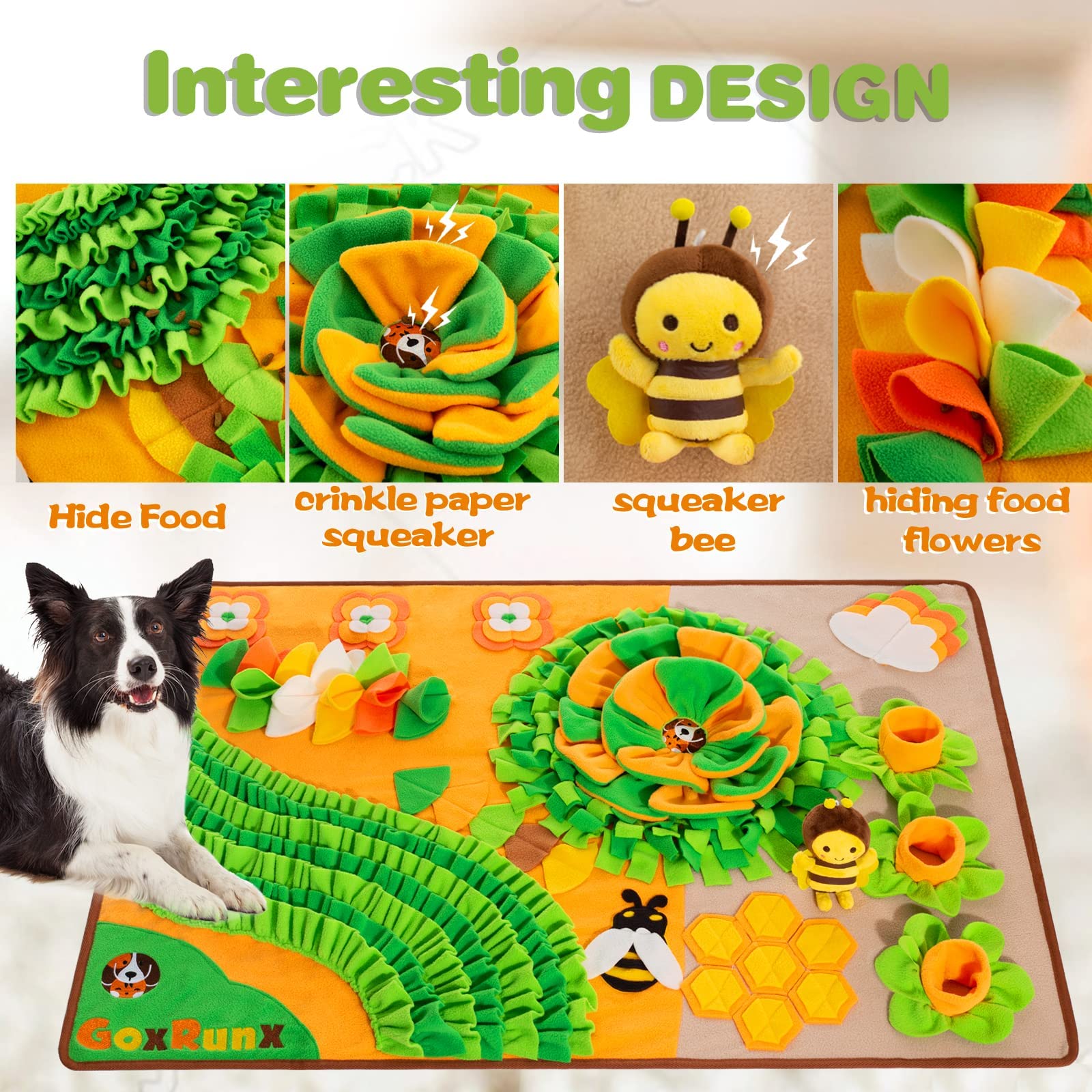 GoxRunx Snuffle Mat big flower squeaker boosts dog curiosity during play.