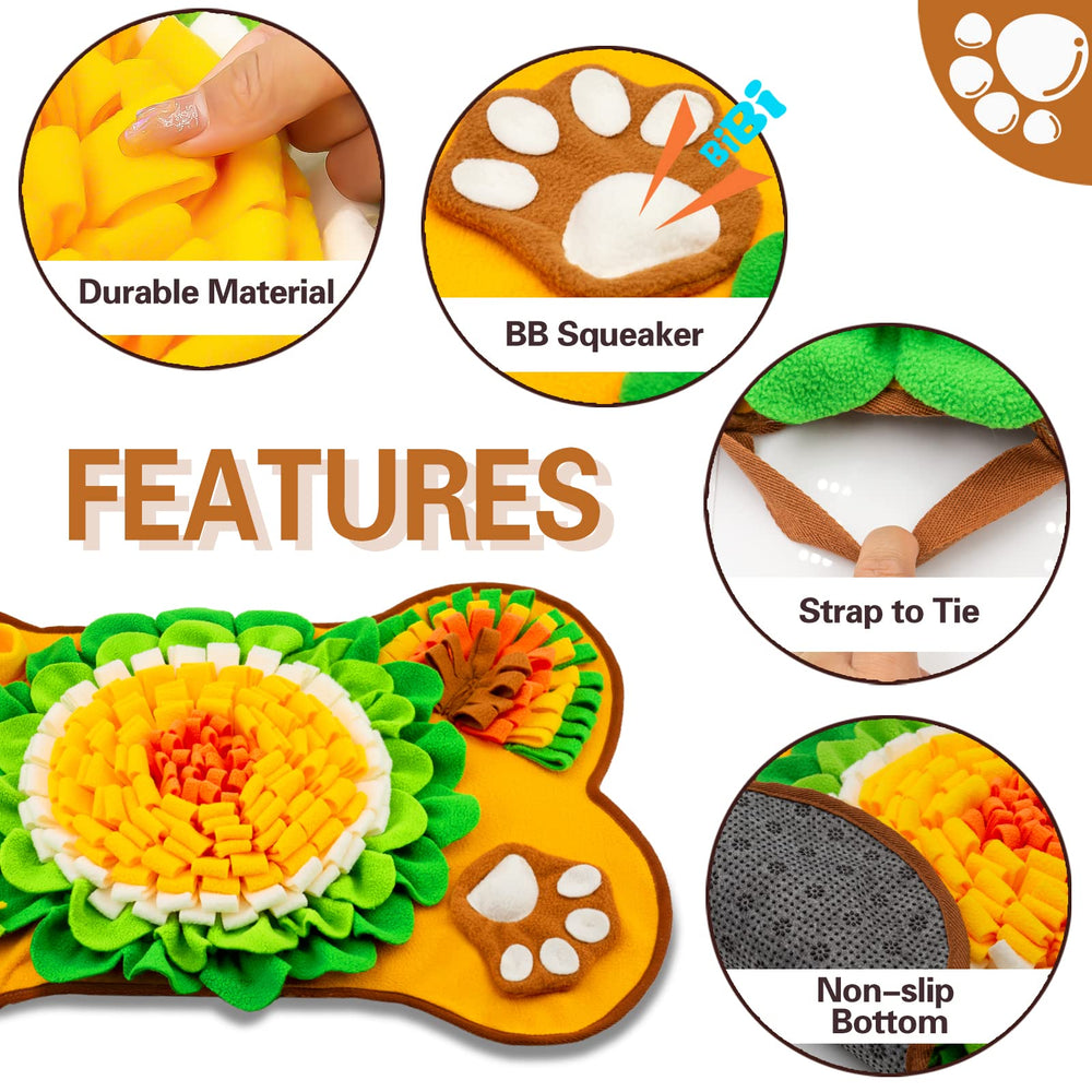 GoxRunx Snuffle Mat dog bone orange closeup shows soft fleece texture and squeaker