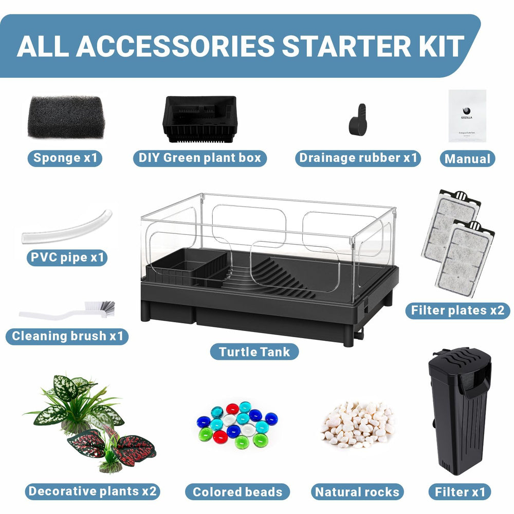 GOZILLA turtle tank kit assembled and ready, includes all accessories.