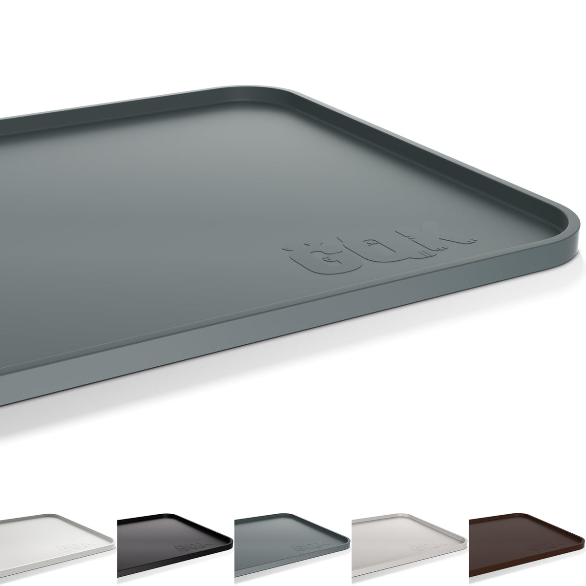 GQK silicone dog food mat 24x16 gray with raised edge to contain spills