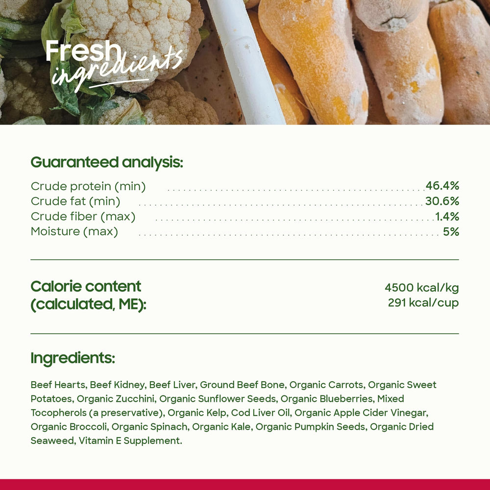 Smallbatch Freeze-Dried Beef Dog Food grain-free formula highlights complete nutrition.