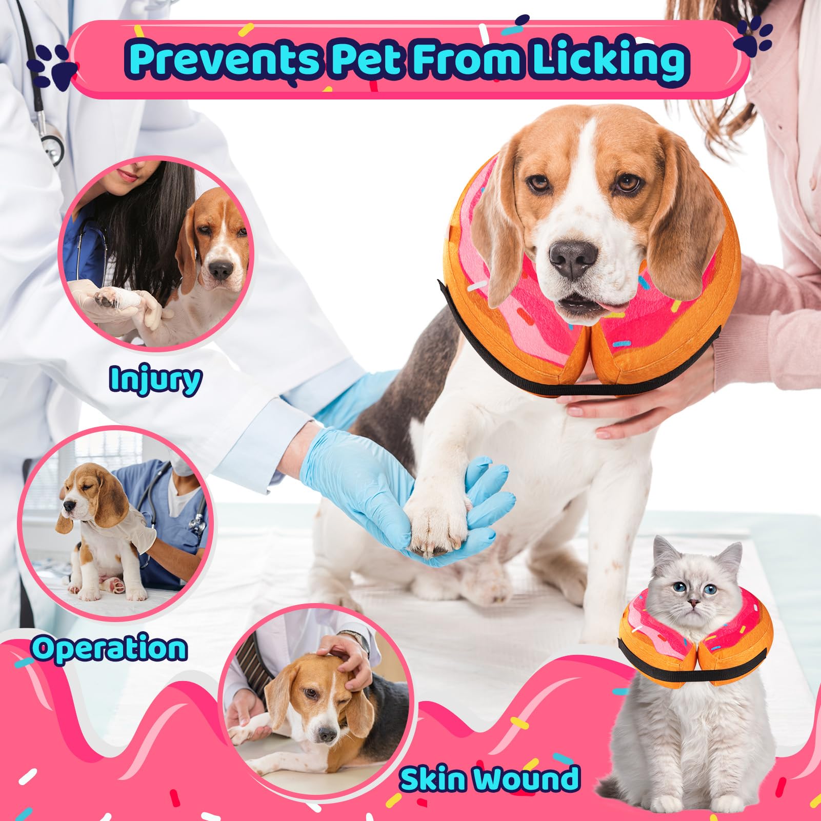 Close-up of the pink donut collar worn by a dog.