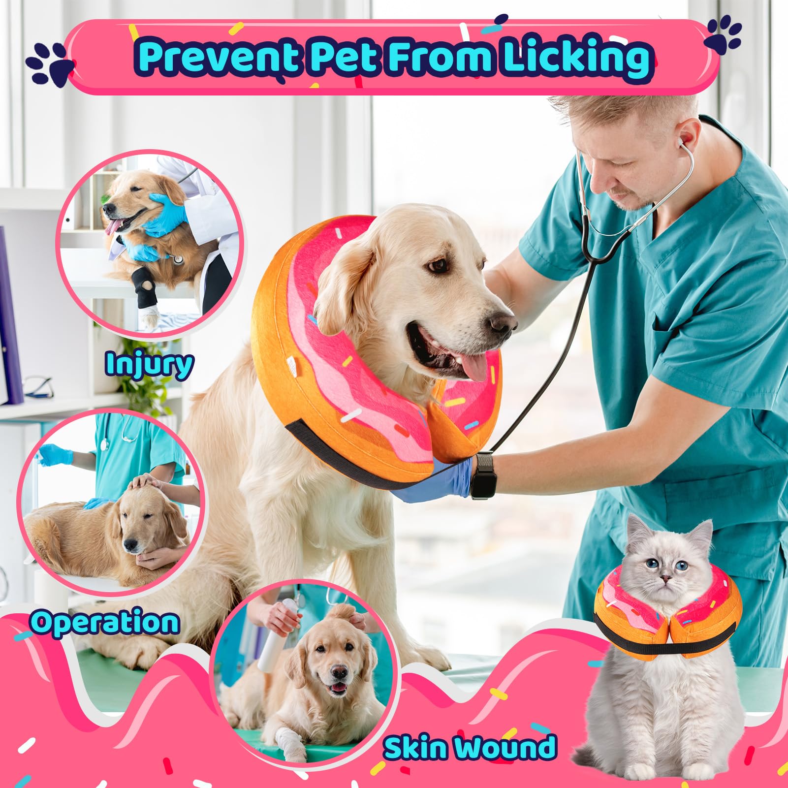 Grand Line Donut Inflatable Collar pink worn on dog for lightweight comfort.