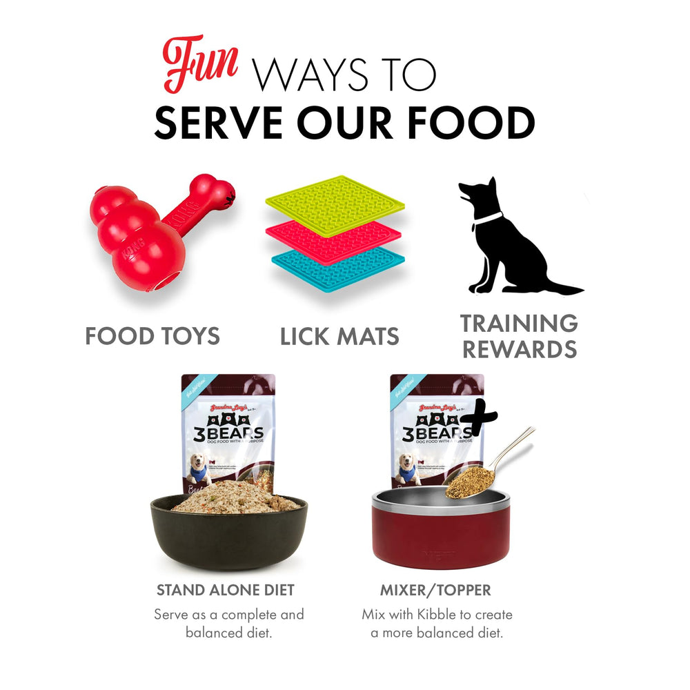 Grandma Lucy's 3 Bears Beef Dog Food label shows USA-made, preservative-free recipe.
