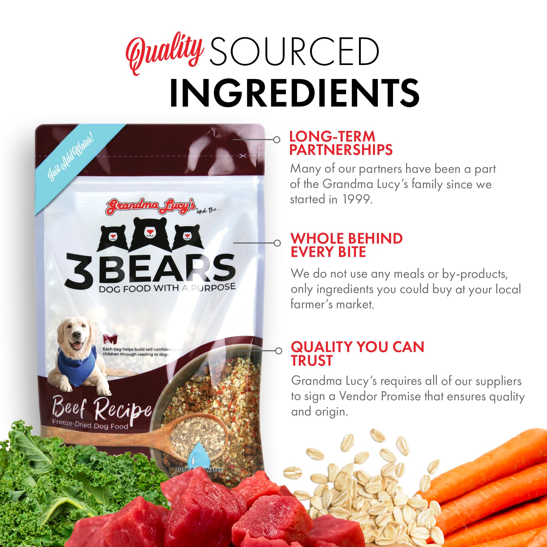 Grandma Lucy's 3 Bears Beef Dog Food water activation enables quick meals.