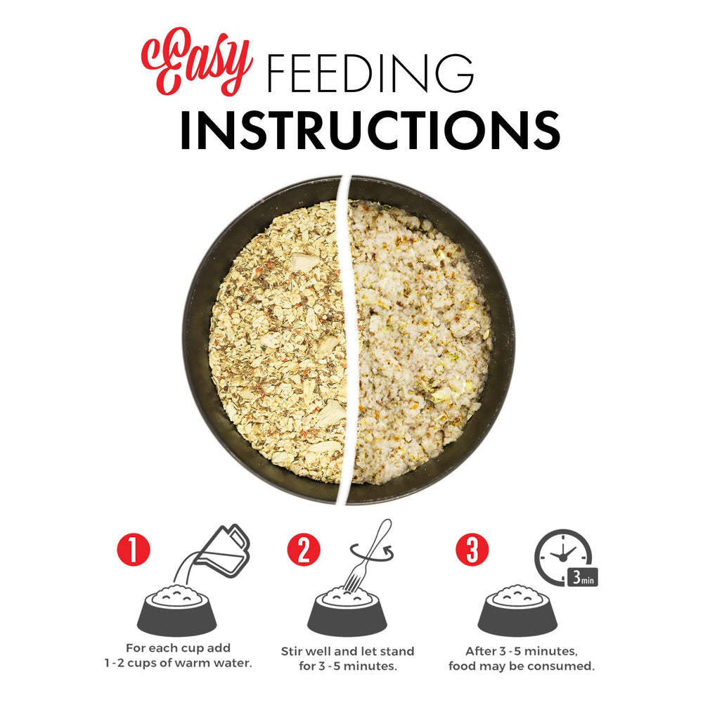 Dog food soaking in water to reveal oatmeal-like texture for easy serving.