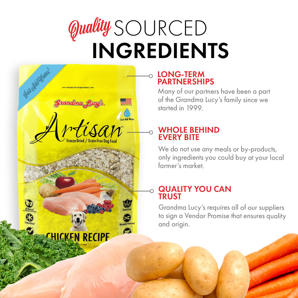 All life stages formula supports dogs of any size with natural ingredients from Grandma Lucy's