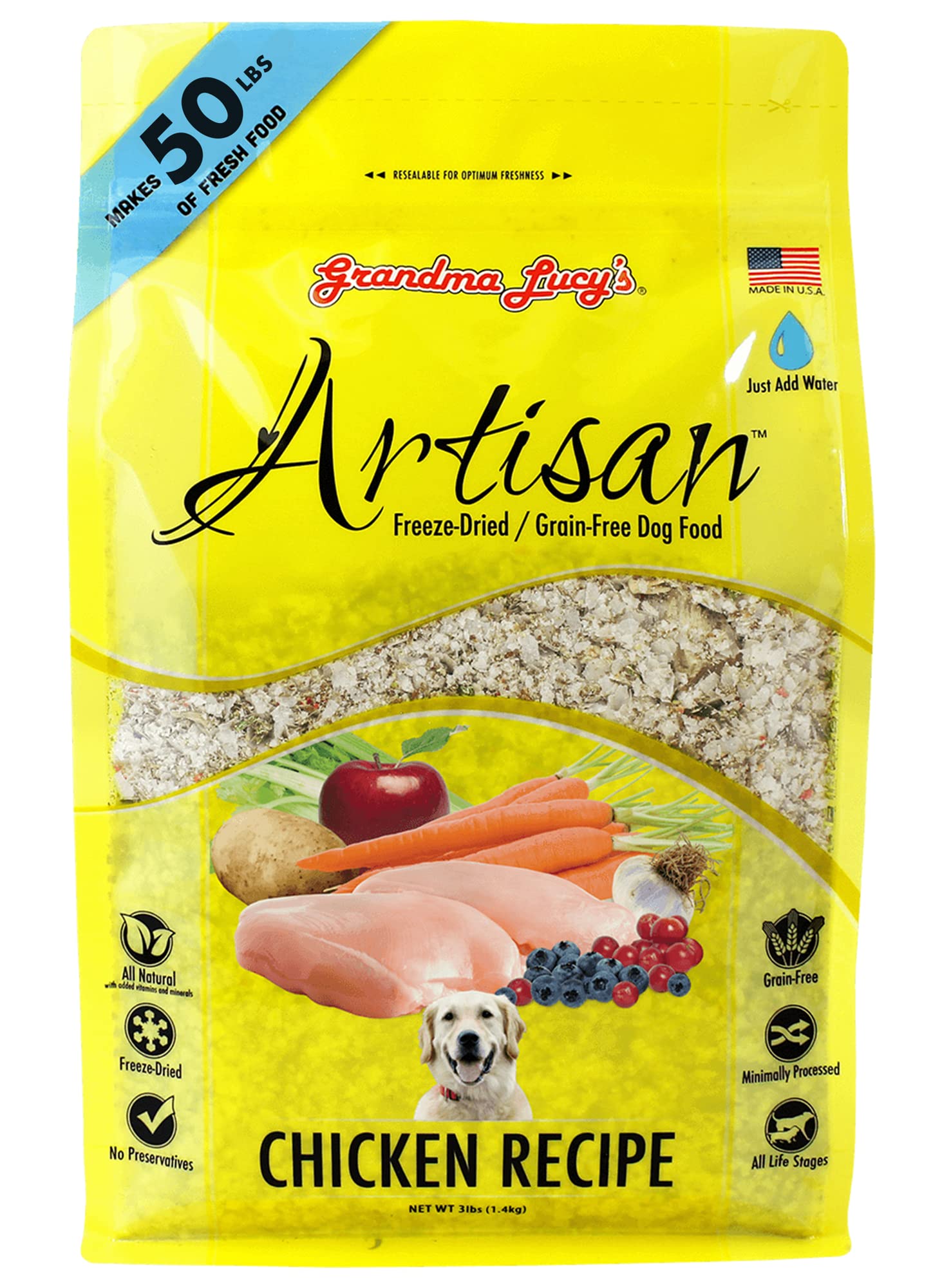 Grandma Lucy's Artisan Chicken dog food bag highlighting premium protein for all life stages