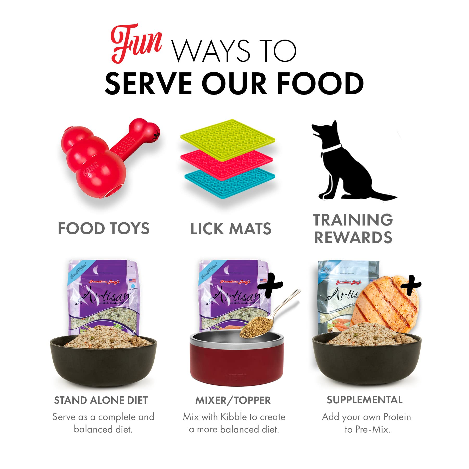 Grandma Lucy's Artisan ingredients with venison, fruits, vegetables — natural vitamins