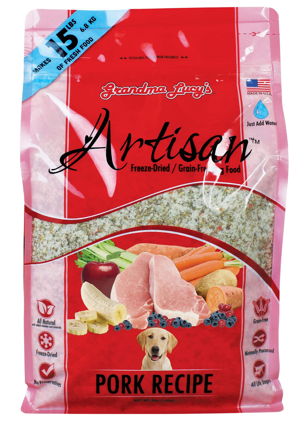 Grandma Lucy's Artisan Pork dog food bag front showing grain-free formula for dogs with dietary sensitivities.