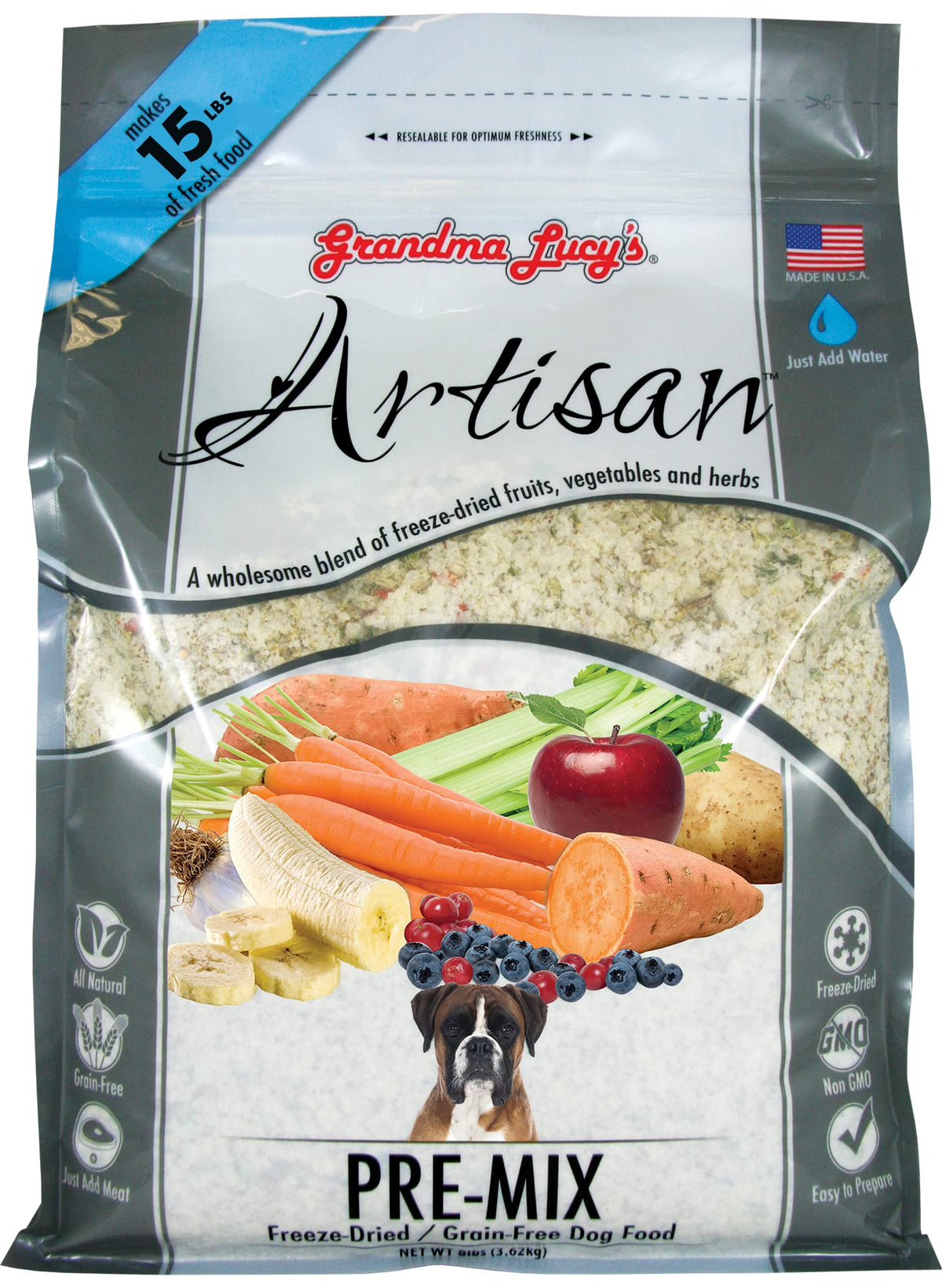 Grandma Lucy's Artisan Pre-Mix 3lb bag showing premium ingredients for balanced meals.