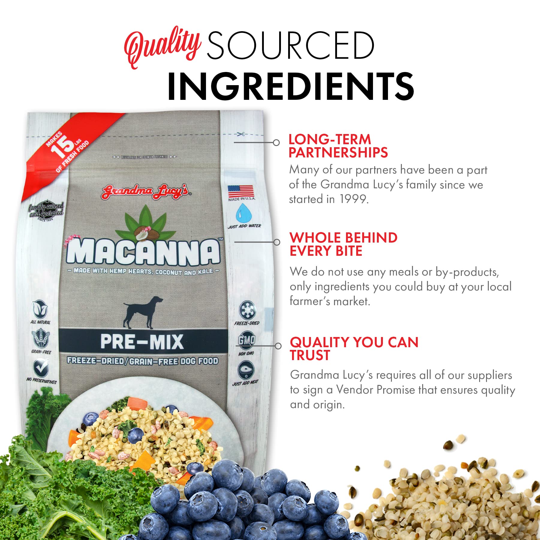 Kale, blueberries, and turmeric in Macanna blend for health benefits.