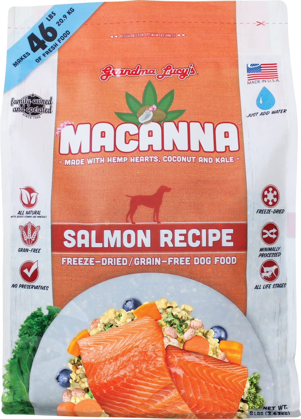 Grandma Lucy’s Macanna Salmon freeze-dried dog food bag open, highlighting quality ingredients for dogs