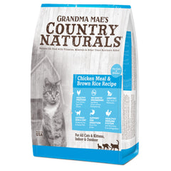 Grandma Mae's Country Naturals dry cat food bag with chicken and brown rice, supports balanced nutrition.