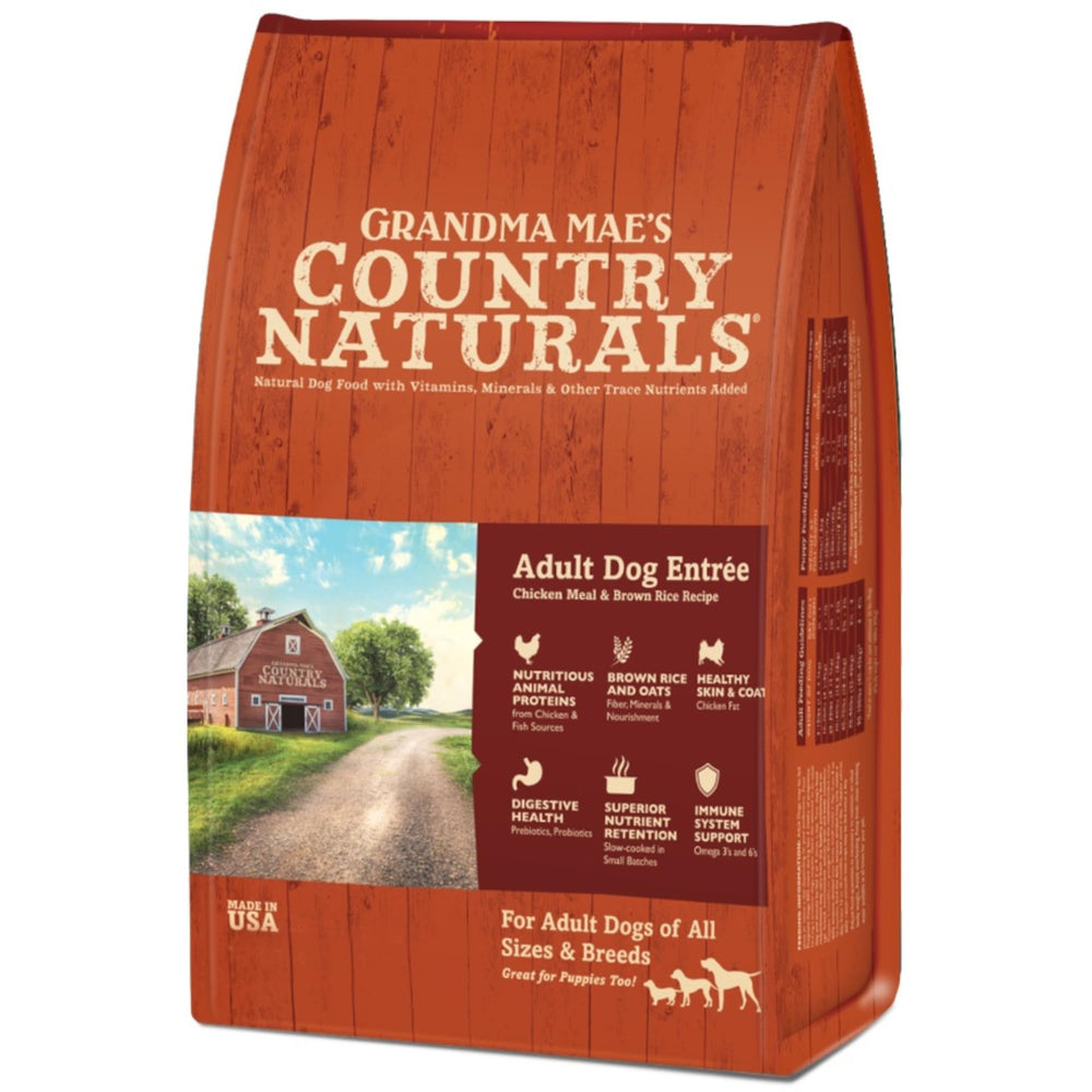Grandma Mae's dry dog food bag with chicken and brown rice for adult dogs