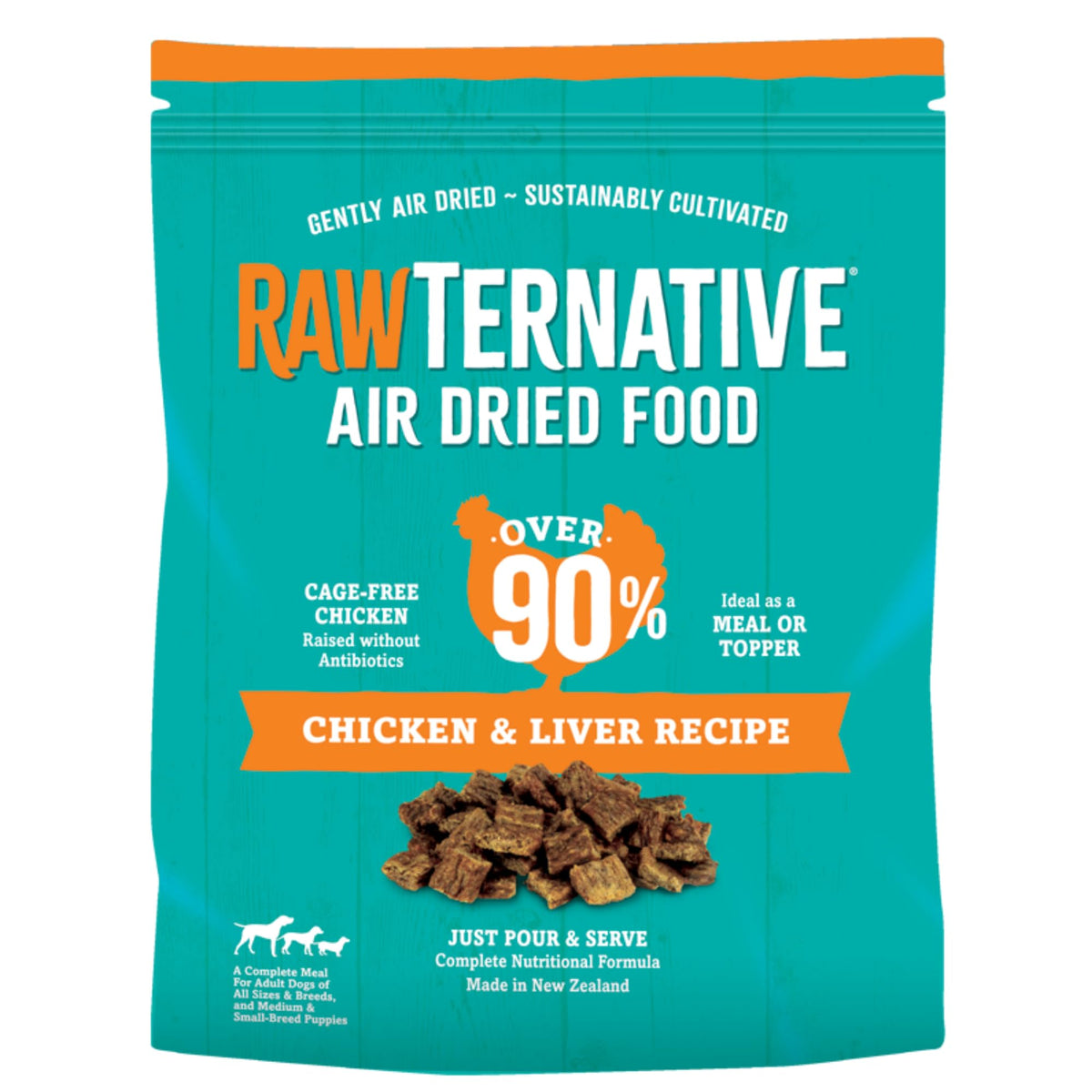 Grandma Mae's RawTernative bag front shows high-protein formula for active dogs.