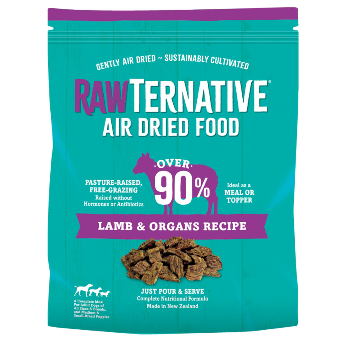 Grandma Mae's RawTernative air-dried lamb bites for lean protein.