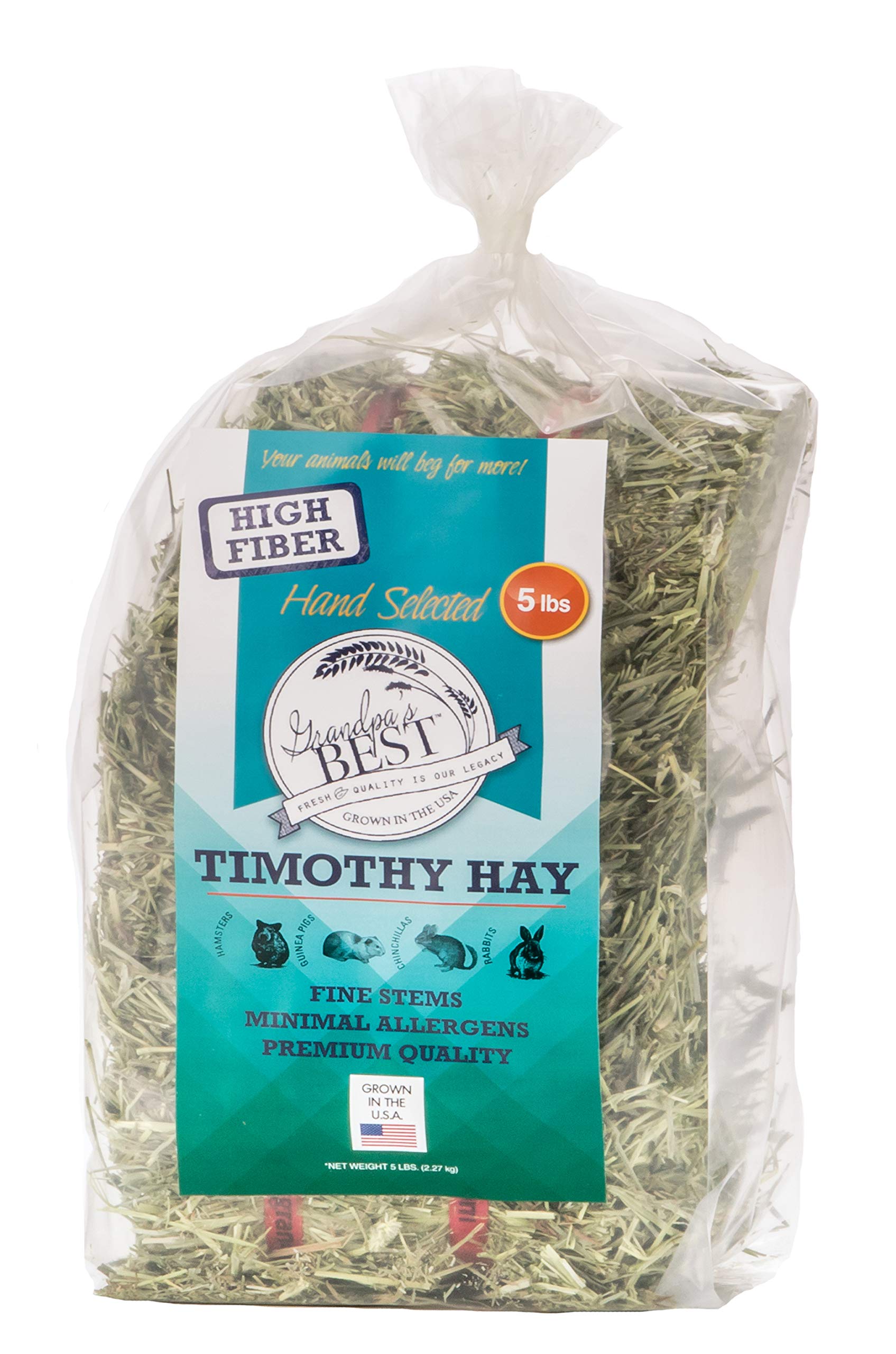 Grandpa's Best Timothy Hay Bale 5lbs packaging, additive and preservative free for healthy nibbling.