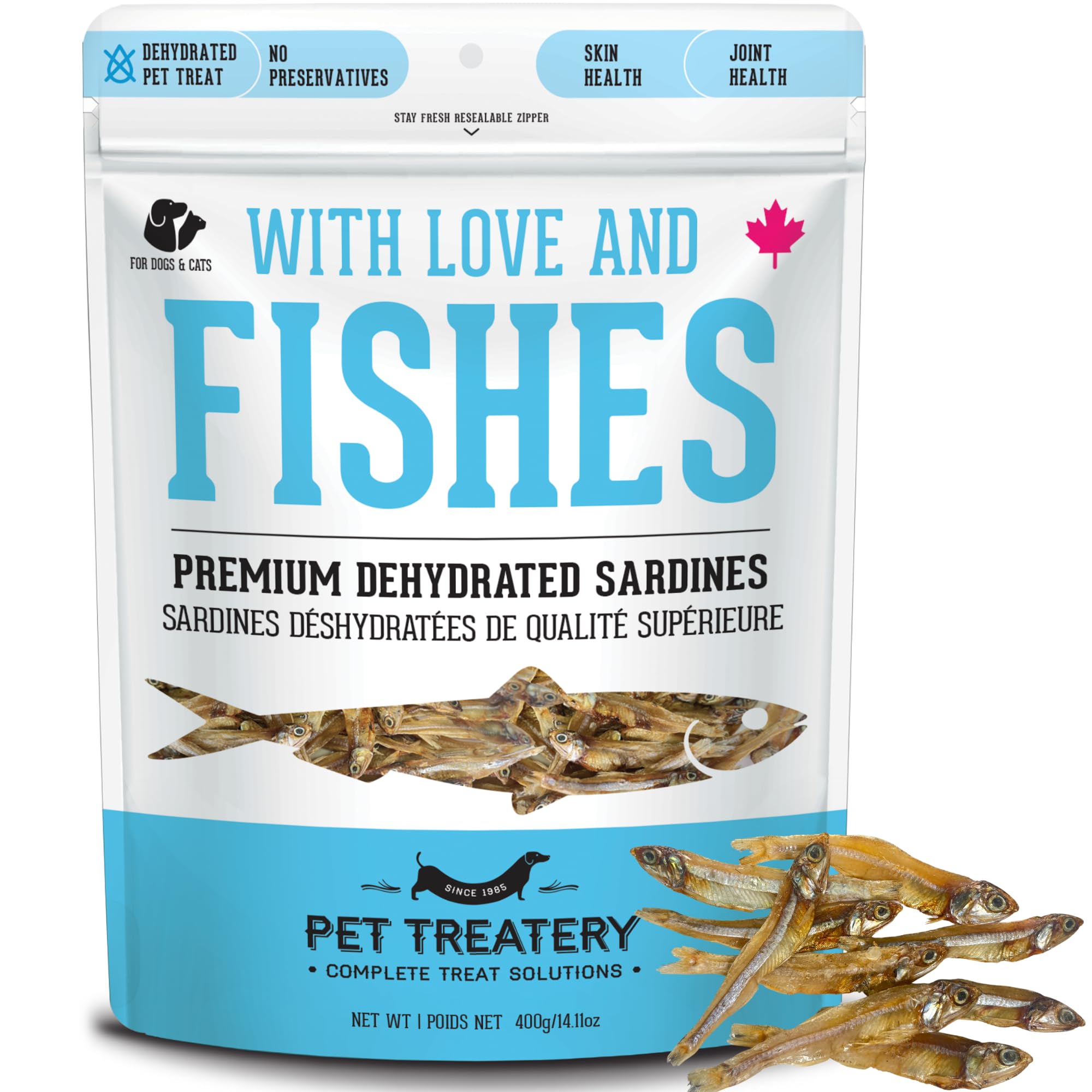 The Granville Island Pet Treatery sardines for dogs and cats, crunchy texture ideal for training rewards.