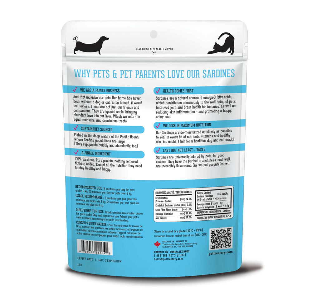 The Granville Island Pet Treatery Sardines are 100-percent sardines—simple protein.