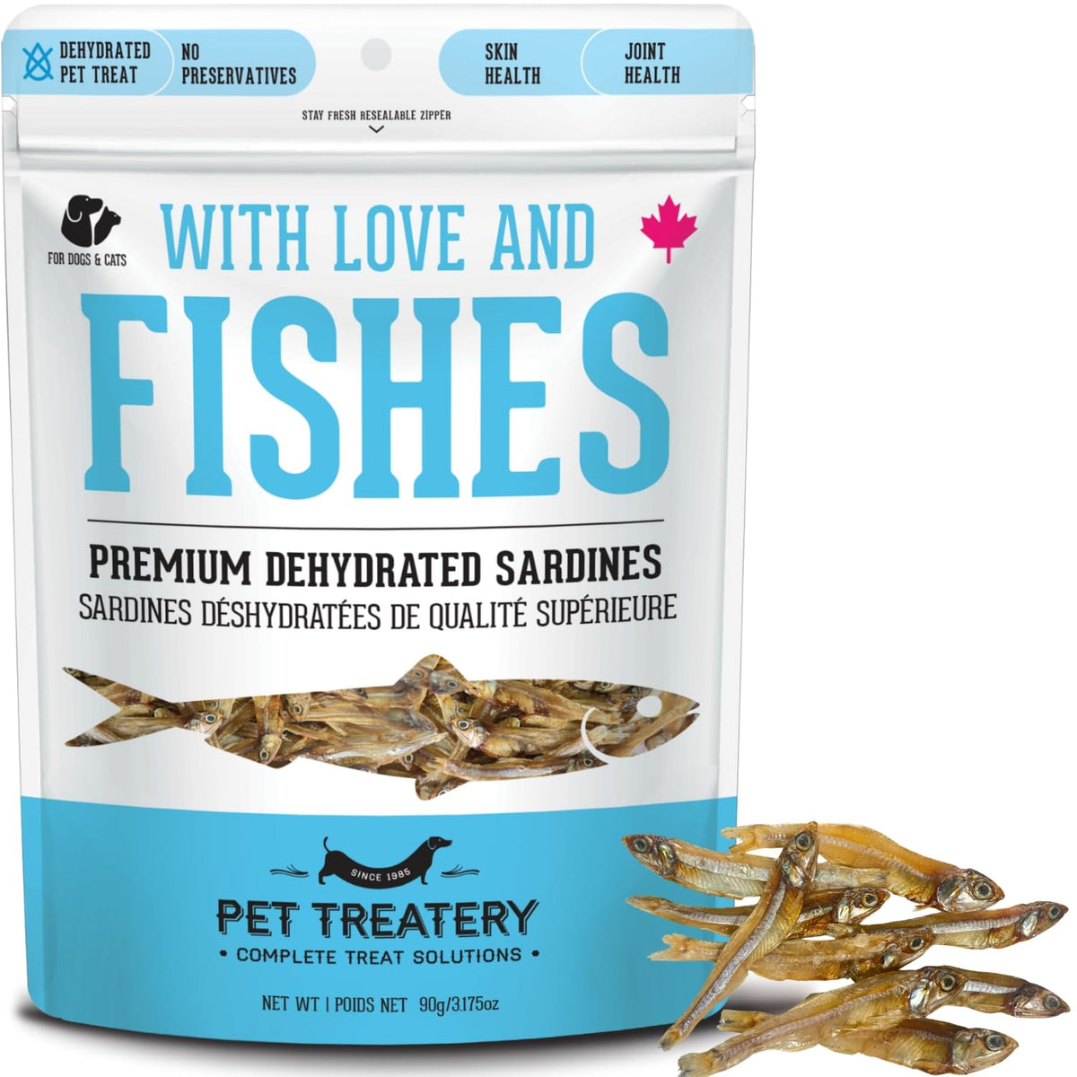 The Granville Island Pet Treatery sardines packaging highlights a natural single-ingredient dog and cat treat.