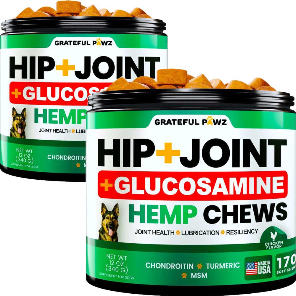 Grateful Pawz hemp hip and joint chews bottle supports daily mobility.