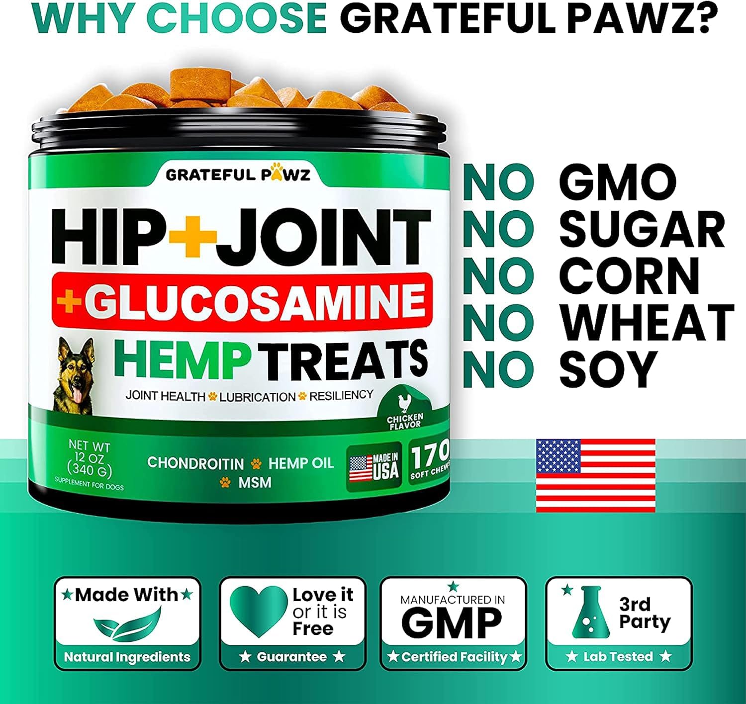 Grateful Pawz joint-support chews for dogs of all sizes suit training.