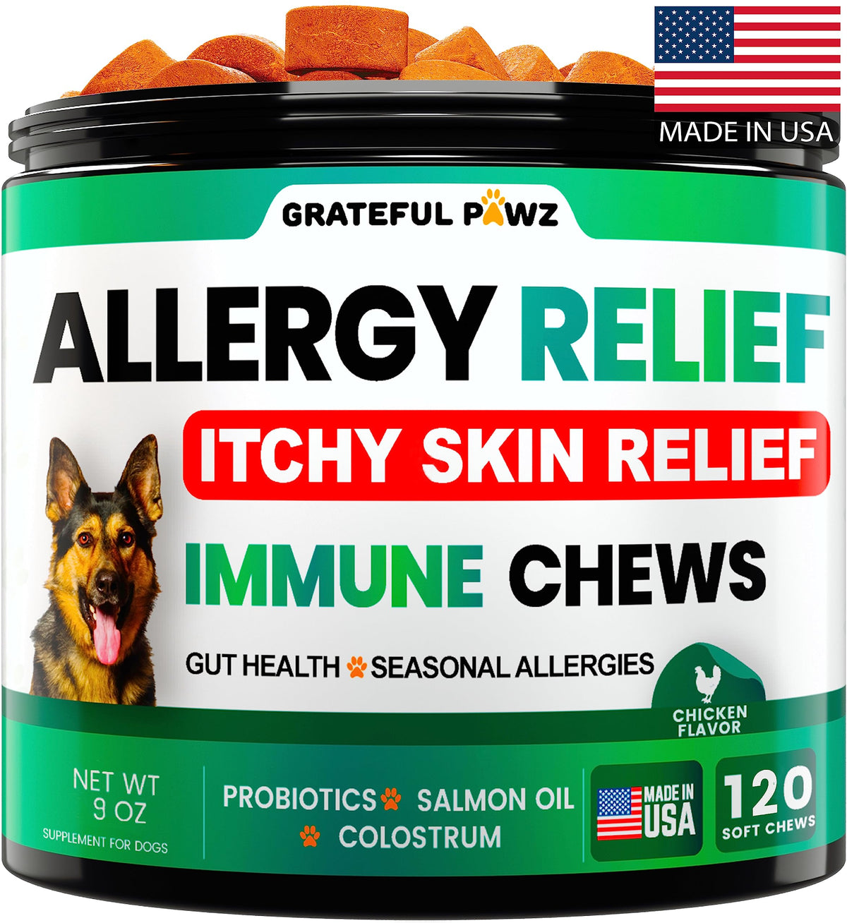 Grateful Pawz allergy chews packaging highlights probiotic blend for itchy skin support.
