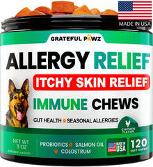 Grateful Pawz allergy chews packaging highlights probiotic blend for itchy skin support.
