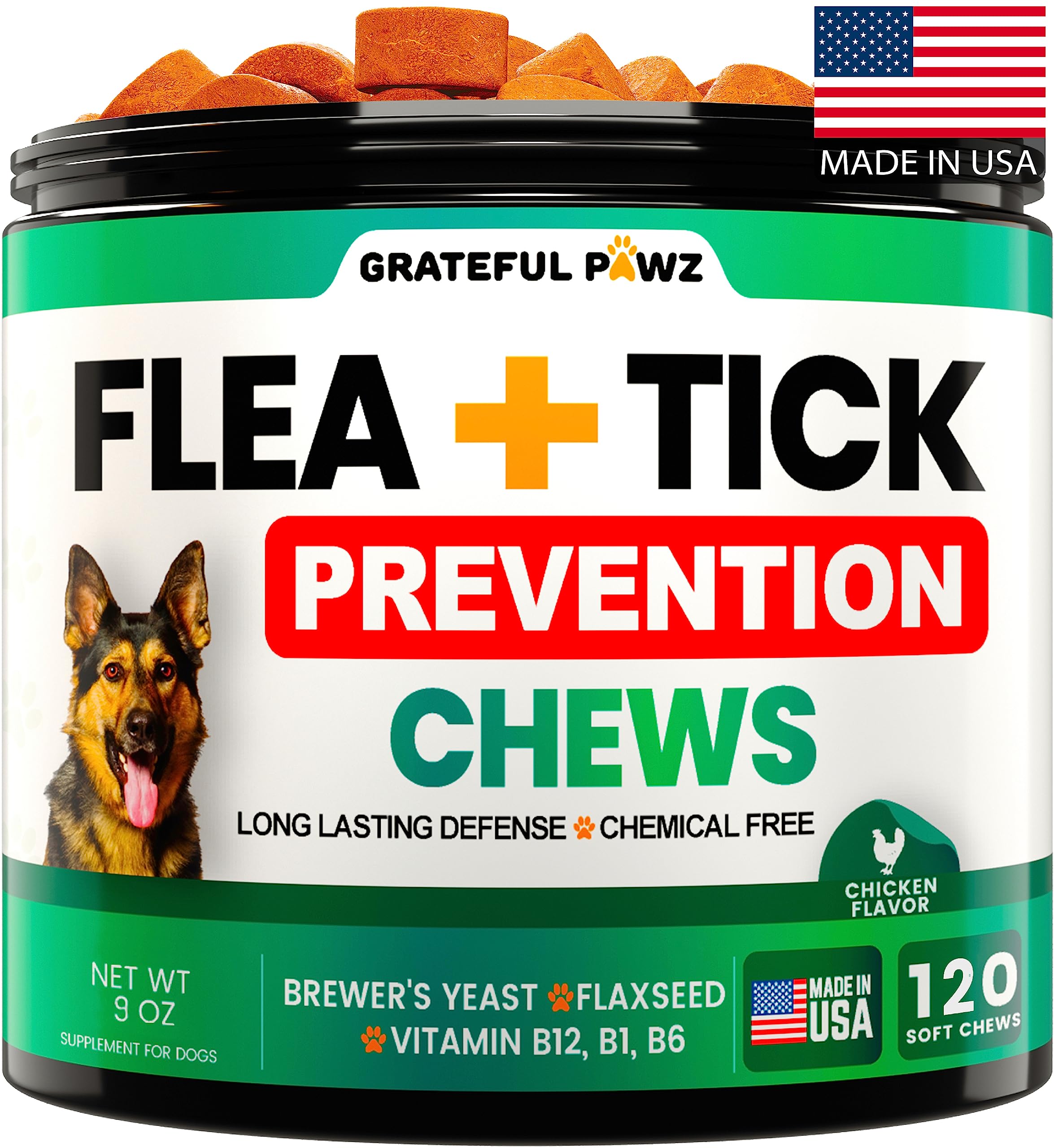 Grateful Pawz flea and tick chews bottle-pour supports daily pest defense for dogs.