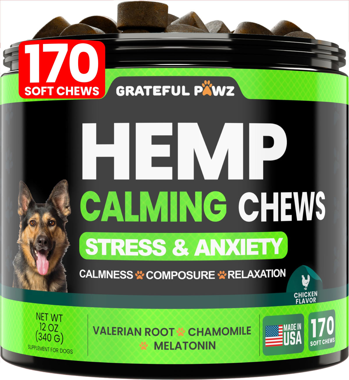 Grateful Pawz hemp calming chews bottle label promoting calmness in dogs