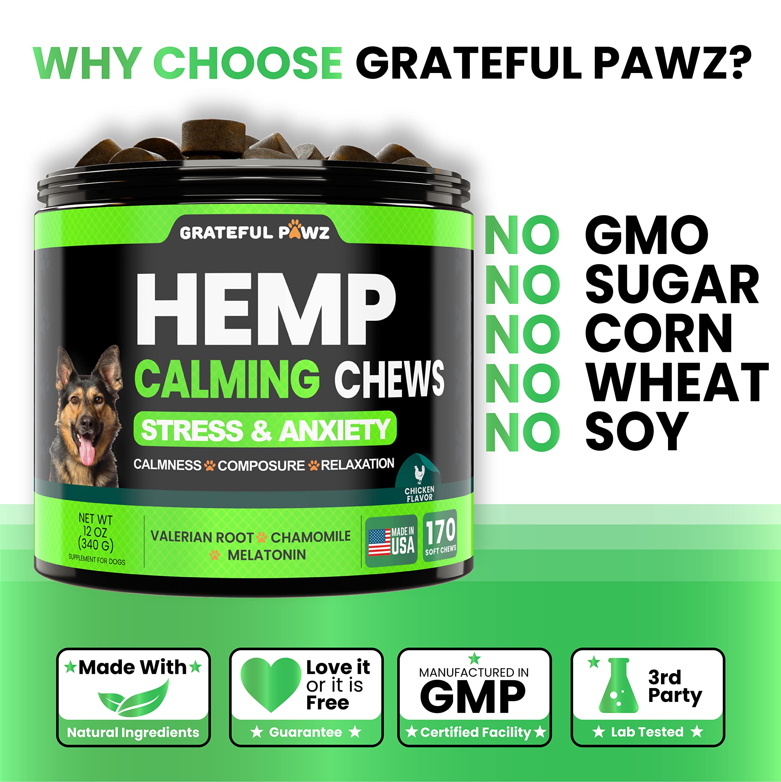 Packaging front of Grateful Pawz hemp calming chews