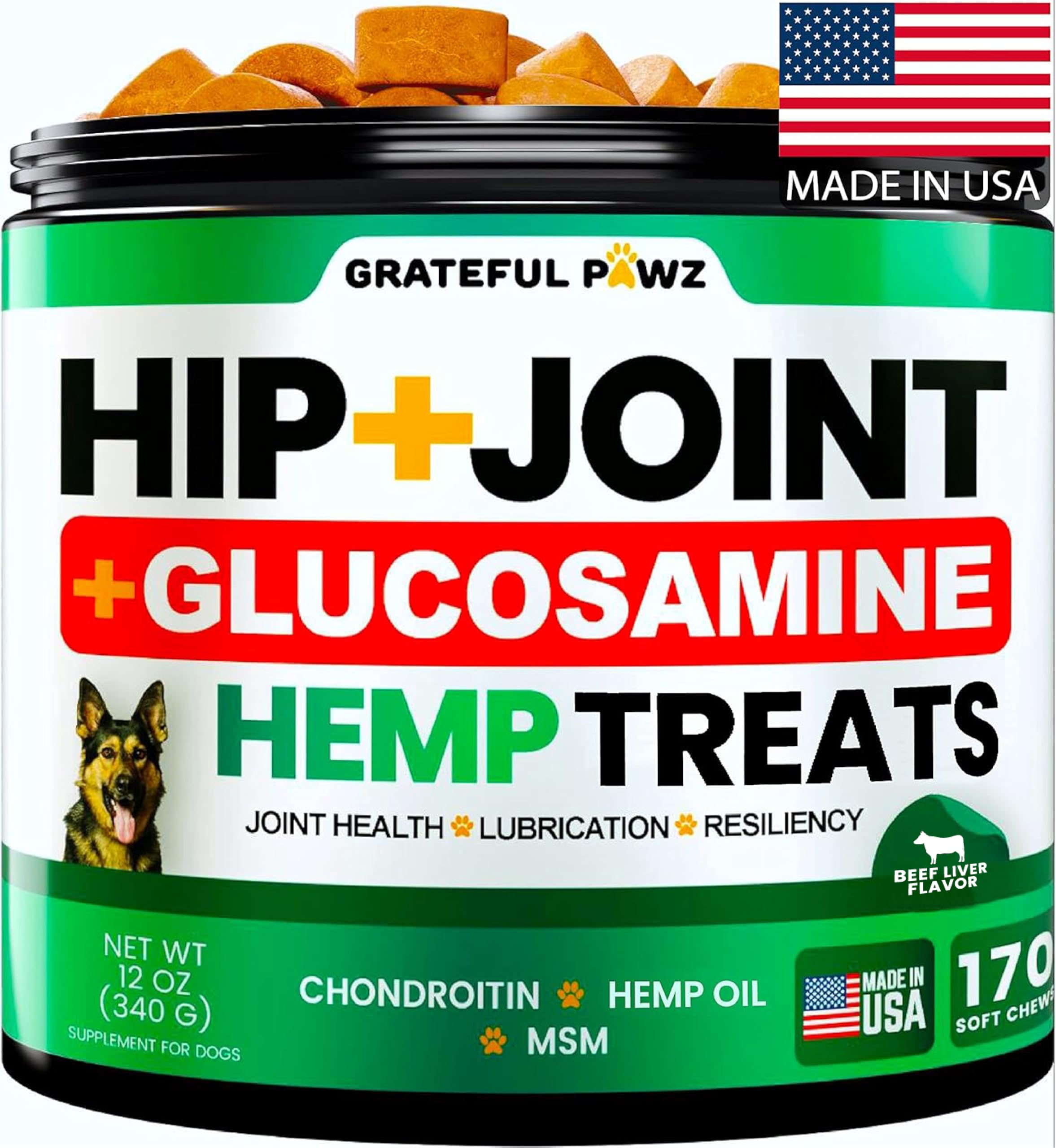 Grateful Pawz hemp hip and joint supplement bottle for daily mobility support