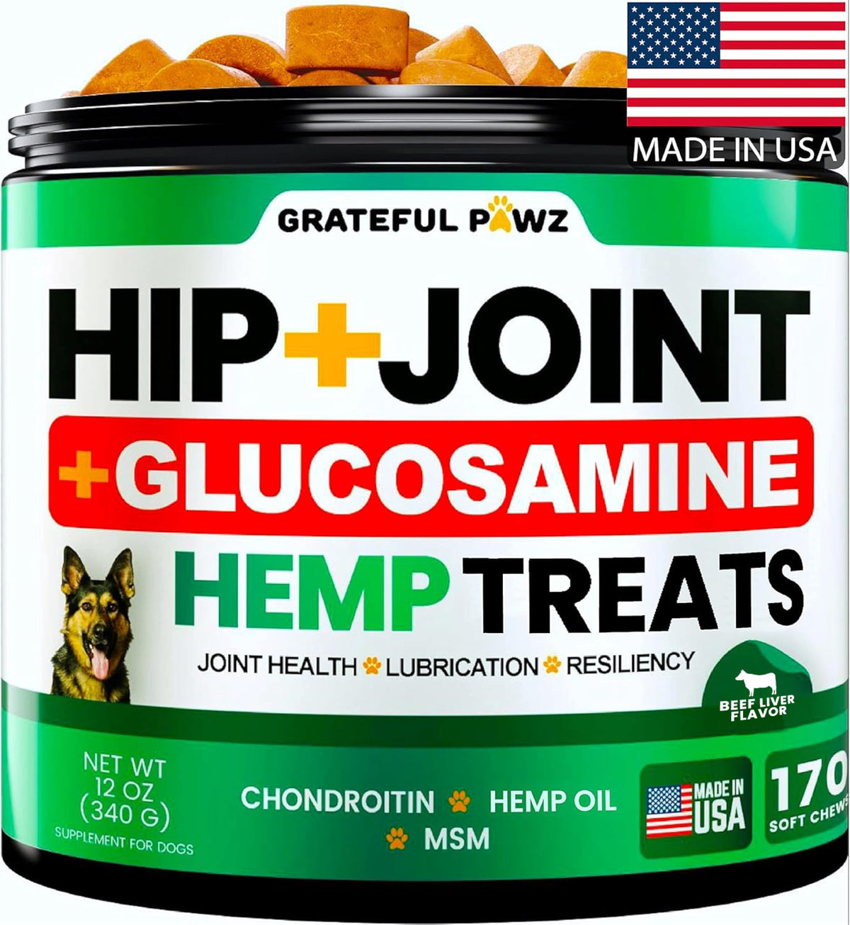 Grateful Pawz hemp hip and joint supplement bottle for daily mobility support