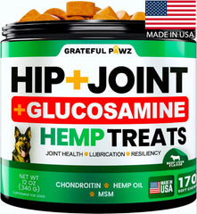 Grateful Pawz hemp hip and joint supplement bottle for daily mobility support