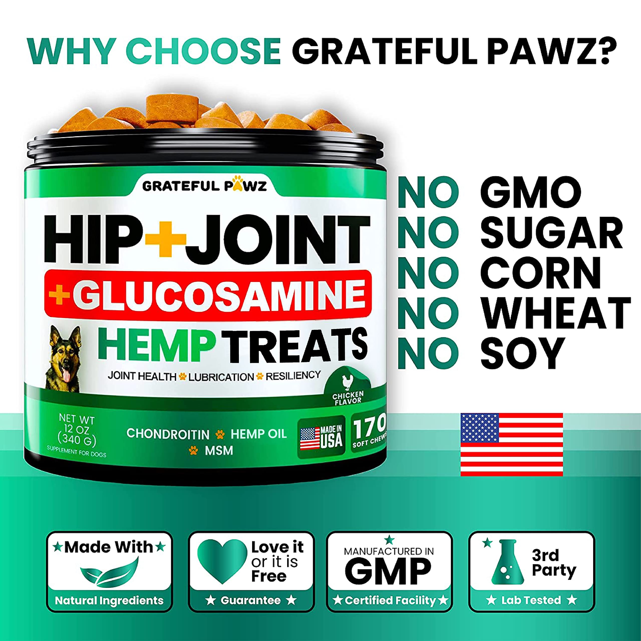 Grateful Pawz hemp oil dog chews packaging signals USA-made quality