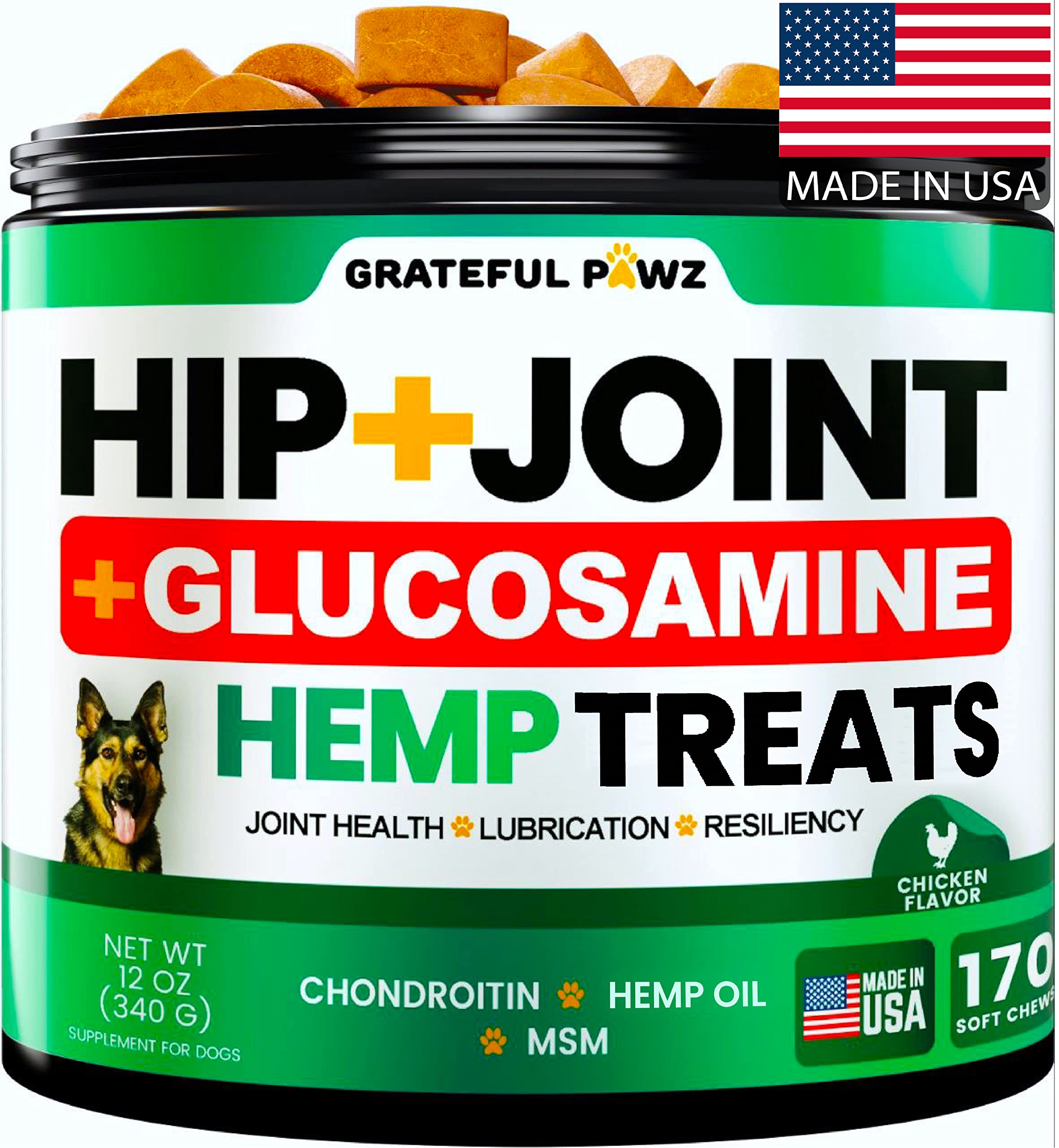 Grateful Pawz hip joint chews bottle promotes daily mobility support for dogs