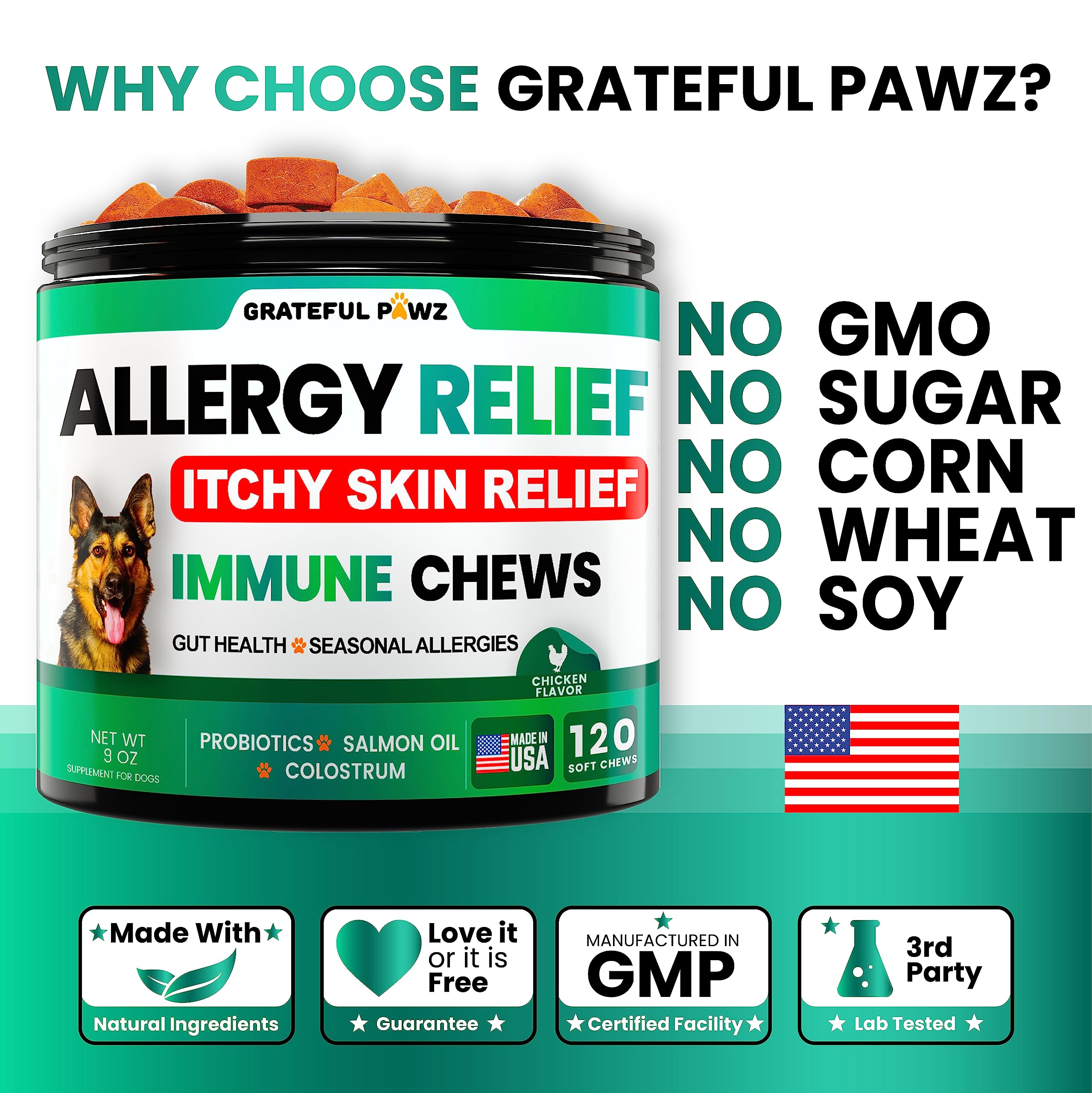 Grateful Pawz ingredients quercetin and omega-3 promote soothing skin comfort.