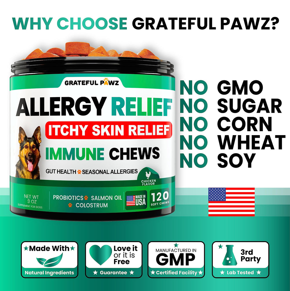 Grateful Pawz ingredients quercetin and omega-3 promote soothing skin comfort.