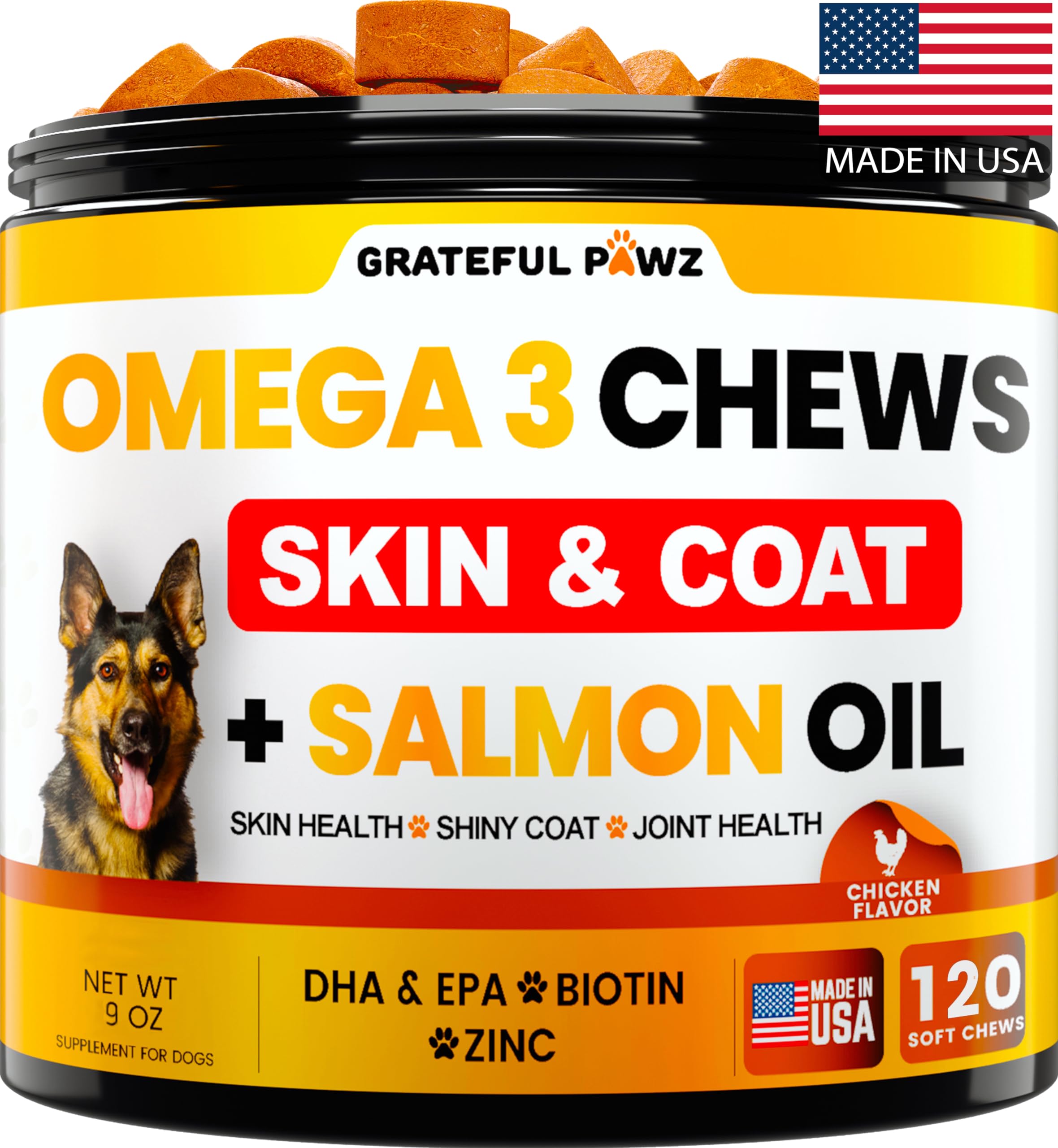 Grateful Pawz Omega 3 dog chews come in a pack for skin and coat support.