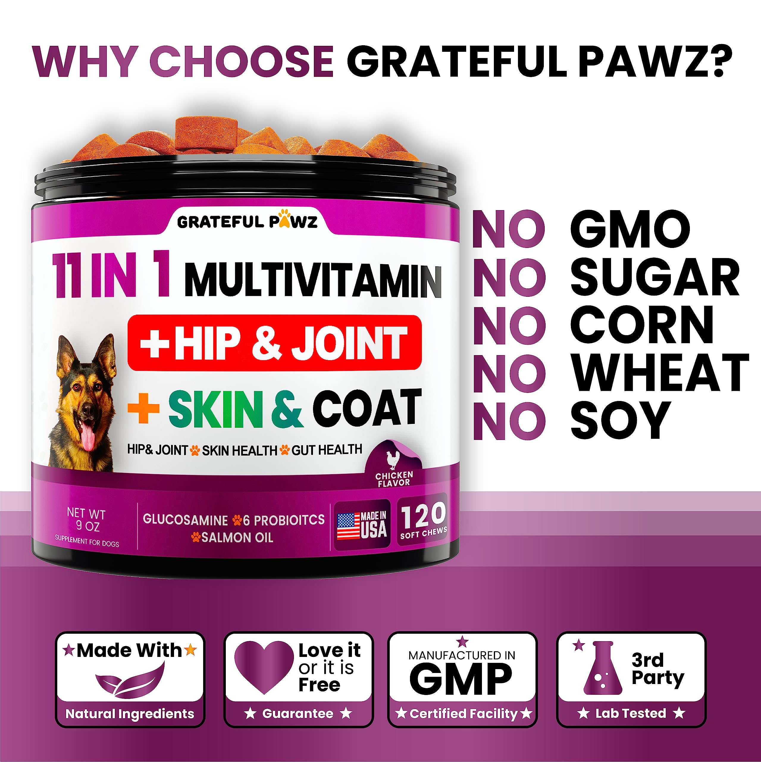 Grateful Pawz probiotic digestive bottle underscores gut health and nutrient delivery